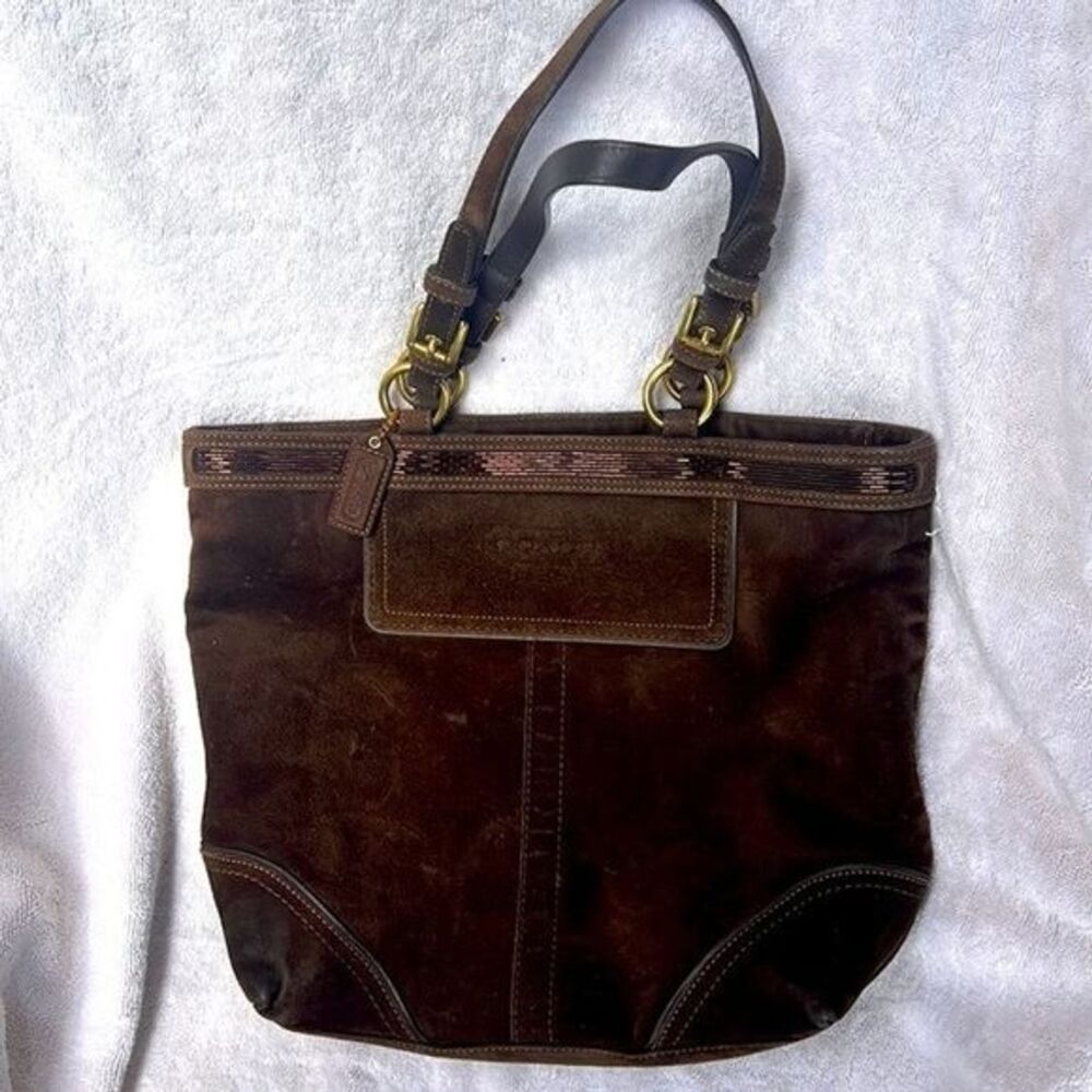 COACH #10442 Retired Beaded, Brown, suede bag with zip closure